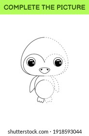Complete drawn picture of cute penguin. Coloring book. Dot copy game. Handwriting practice, drawing skills training. Education developing printable worksheet. Activity page. Vector illustration.