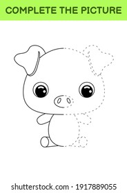 Complete drawn picture of cute pig. Coloring book. Dot copy game. Handwriting practice, drawing skills training. Education developing printable worksheet. Activity page. Vector illustration.