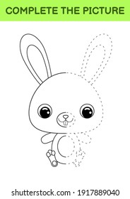 Complete drawn picture of cute rabbit. Coloring book. Dot copy game. Handwriting practice, drawing skills training. Education developing printable worksheet. Activity page. Vector illustration.