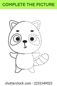 Complete drawn picture of cute raccoon. Coloring book. Dot copy game. Handwriting practice, drawing skills training. Education developing printable worksheet. Activity page. Vector illustration