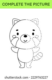 Complete drawn picture of cute red panda. Coloring book. Dot copy game. Handwriting practice, drawing skills training. Education developing printable worksheet. Activity page. Vector illustration