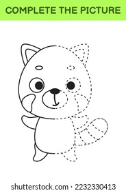 Complete drawn picture of cute red panda. Coloring book. Dot copy game. Handwriting practice, drawing skills training. Education developing printable worksheet. Activity page. Vector illustration