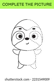 Complete drawn picture of cute sloth. Coloring book. Dot copy game. Handwriting practice, drawing skills training. Education developing printable worksheet. Activity page. Vector illustration
