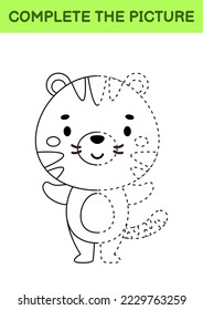 Complete drawn picture of cute tiger. Coloring book. Dot copy game. Handwriting practice, drawing skills training. Education developing printable worksheet. Activity page. Vector illustration