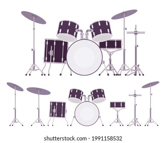 Batería completa con miembros y soportes. Instrumentos de percusión para entrenamiento, rendimiento de etapa. Ilustración de dibujos animados de estilo plano vectorial aislada, fondo blanco, diferentes vistas, posiciones