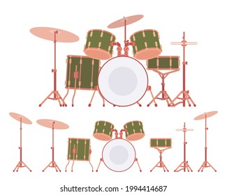 Batería completa con miembros y soportes. Instrumentos de percusión para entrenamiento, rendimiento de etapa. Ilustración de dibujos animados de estilo plano vectorial aislada, fondo blanco, diferentes vistas, posiciones