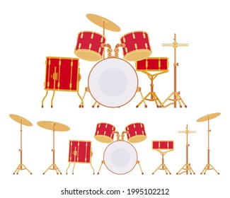 Batería completa con miembros y soportes. Instrumentos de percusión para entrenamiento, rendimiento de etapa. Ilustración de dibujos animados de estilo plano vectorial aislada, fondo blanco, diferentes vistas, posiciones