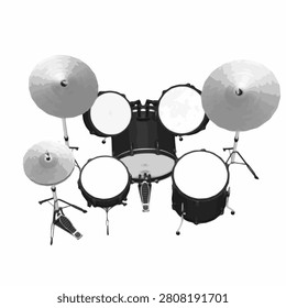 Complete drum set top front view isolated on white background, realistic percussion instrument, detailed musical instrument illustration