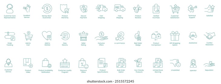 Conjunto completo de ícones de serviço de atendimento ao cliente de e-commerce: pagamento seguro, frete rápido e gratuito, garantia de devolução do dinheiro, garantia do produto, compra verificada, avaliações, produtos ecologicamente corretos Ofertas exclusivas