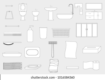 A complete edition of bathroom pieces ideal for use in decoration illustrations and frontal plans.