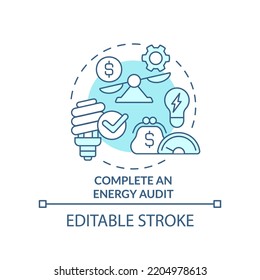 Complete energy audit turquoise concept icon. Reduce electricity usage. Budgeting abstract idea thin line illustration. Isolated outline drawing. Editable stroke. Arial, Myriad Pro-Bold fonts used