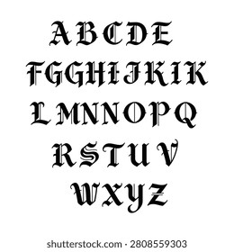 A complete English alphabet displayed in an elegant blackletter Gothic font style on a plain white background, showcasing intricate typography.