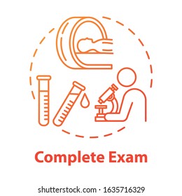 Complete exam concept icon. Data gathering. Illness examination. Disease diagnosis.Clinic test. Professional lab research idea thin line illustration. Vector isolated outline RGB color drawing