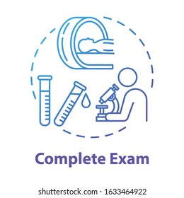 Complete exam concept icon. Health treatment. Illness examination. Disease diagnosis. Clinic test. Professional lab research idea thin line illustration. Vector isolated outline RGB color drawing