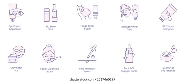 Complete Facial Care Icons: Eye Cream Applicator, Lip Balm Stick, Facial Toner Bottle, Makeup Primer Tube, BB Cream Compact, Clay Mask Jar, Facial Cleansing Brush, Pore Minimizer Serum, Facial Oil 