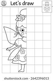 Complete a fada. Planilha de prática de desenho simétrico do vetor fairyland. Atividade em preto e branco imprimível de conto de fadas para crianças. Floresta mágica copiar a página de coloração de imagem com menina bonito

