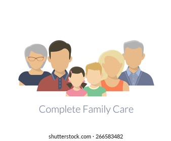 Complete family care illustration of parents with children