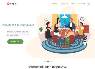 Complete family game landing page template with happy family or friends playing game guess who i am at home or cafe. Happy people are resting, drinking drinks and playing a board game together