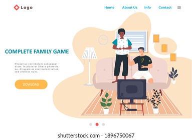 Complete family game landing page template with happy family or friends playing video games. Two brothers teenagers gaming with gamepad controller, holding joystick in hands, friendly family weekend