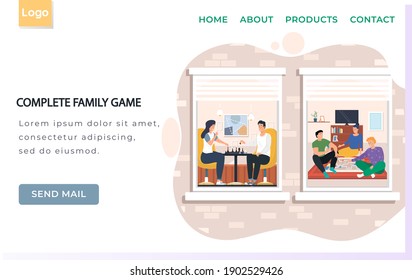 Complete family game landing page template with people playing board game and chess at home. Happy people spending time together having fun enjoying games. Indoor entertainment for adults and children