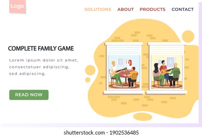 Complete family game landing page template with group of people sing songs and play guitar sitting at table in apartment. Group of friends relax, sing songs, playing musical instruments stay at home