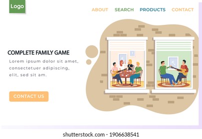 Complete family game landing page template with group of people sing songs and play guitar sitting at table in apartment. Group of friends relax, sing songs, playing musical instruments stay at home