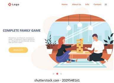 Complete family game landing page template with happy family or friends playing table game at home on the weekend. Happy people are resting in cozy room and spending time together with a board game