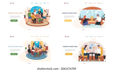 Complete family game landing page template with happy people parents and children playing board game spending evening time together. Characters playing cards and logic games set of four scenes