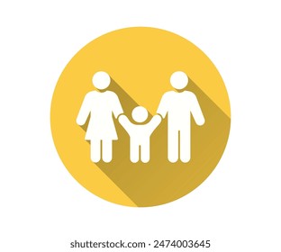 Complete family icon, vector flat design with long shadow. Features two parents and a child holding hands, encapsulated within a yellow circle.