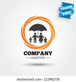 Complete family insurance sign icon. Umbrella symbol. Business abstract circle logo. Logotype with Thank you ribbon. Vector