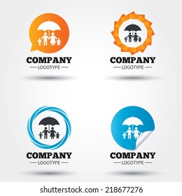 Complete family insurance sign icon. Umbrella symbol. Business abstract circle logos. Icon in speech bubble, wreath. Vector