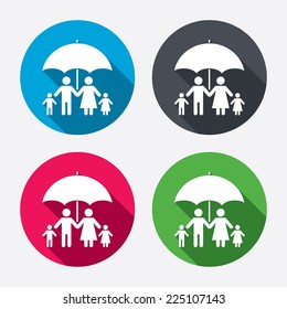 Complete family insurance sign icon. Umbrella symbol. Circle buttons with long shadow. 4 icons set. Vector