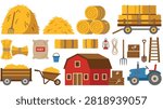 Complete farm collection featuring red barn blue tractor haystacks and garden tools, rural elements like pitchfork ladder and wheelbarrow for ranch.