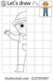 Complete the farmer picture. Vector on the farm symmetrical drawing practice worksheet. Printable black and white activity for preschool kids. Copy the picture rural country coloring page
