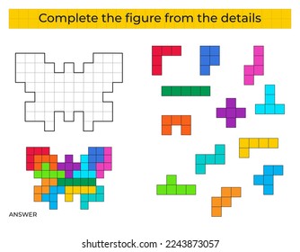 Complete the figure. Puzzle game with butterfly. 