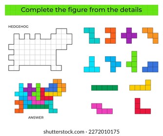 Complete the figure. Puzzle game with hedgehog. 