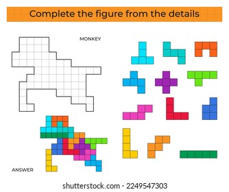 Füllen Sie die Zahl aus. Puzzle-Spiel mit Affen. 
