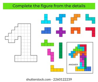 Complete la figura. Juego de rompecabezas con el número 1. 