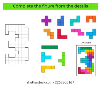 Complete the figure. Puzzle game with number 3. 