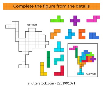 Complete the figure. Puzzle game with Ostrich. 