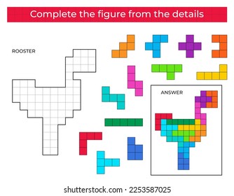 Complete the figure. Puzzle game with Rooster. 