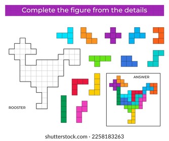 Complete la figura. Juego de rompecabezas con Rooster. 