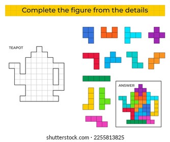 Complete la figura. Juego de rompecabezas con Tetera. 