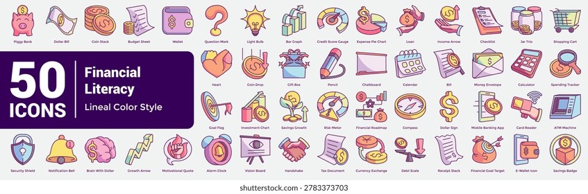 Complete Financial Literacy Bundle combines 50 icons ideal for finance education, apps, and learning materials. Lineal Color style.