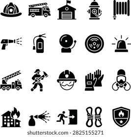 A complete firefighting icon set helmet, fire truck, extinguisher, alarm, hydrant, gas mask, and more in clean flat style. Perfect for fire safety apps, emergency service websites, or rescue-themed projects.