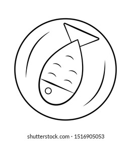 Complete fish with fin on a plate vector illustration in black and white.. Icon for websites and mobile applications.
