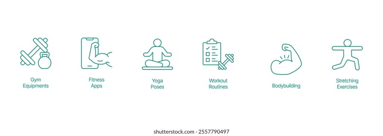 Complete Fitness Icon Set - Vector Illustrations for Gym Equipment, Fitness Apps, Yoga Poses, Workout Routines, Bodybuilding, and Stretching Exercises