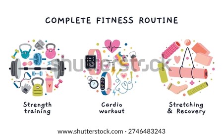 Complete fitness routine concept combining strength training, cardio workout and stretching recovery. Balanced exercise program.  Trendy modern vector illustration isolated on white, hand drawn, flat