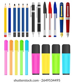 Complete flat vector set of various pencils and pens including wooden, mechanical, drawing, gel, ballpoint, fountain, and highlighters.