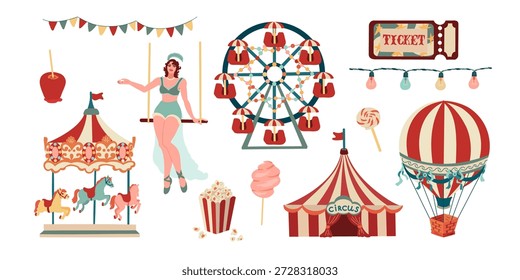Un juego completo de Vector plano de magia de carnaval vintage. Incluye noria, carrusel, carpa de circo, globo aerostático, gimnasta, golosinas clásicas y guirnaldas festivas en una paleta de colores retro. Perfecto para